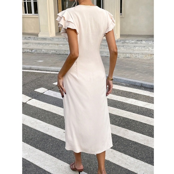 Beige Midi Dress V-Neck Ruffle Sleeve Button Through - Picture 7 of 9